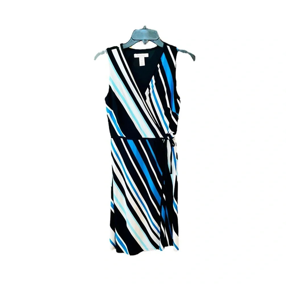 WHBM faux wrap sleeveless ponte stretch midi dress SZ XXS black white blue
